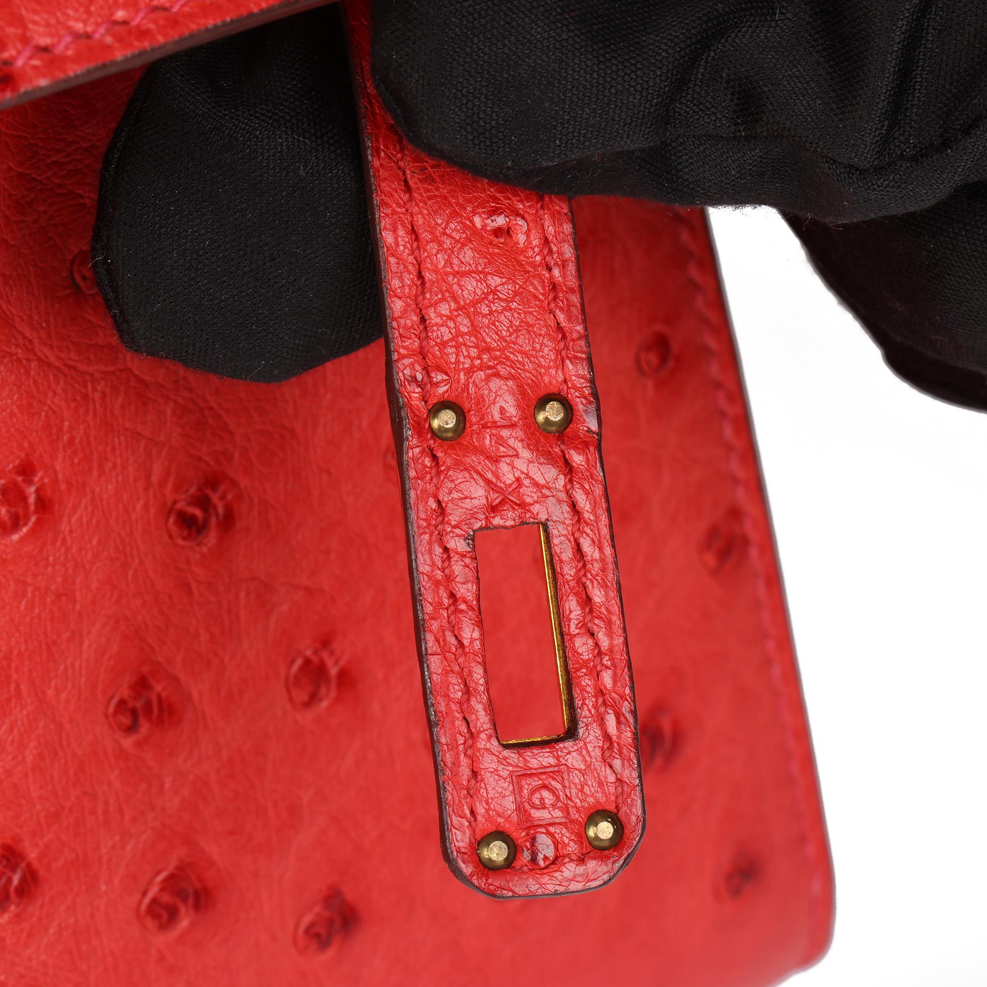Hermès Rouge Vif Kelly en cuir d'autruche 20cm Sellier en vente 6