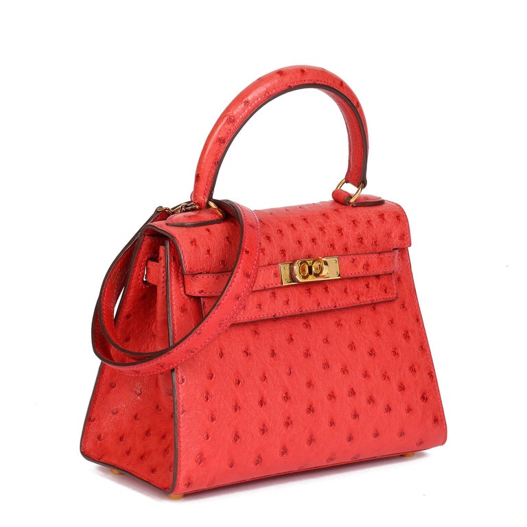 Hermes Rouge Vif Red Gold Ostrich Sellier Kelly 25 Handbag Bag