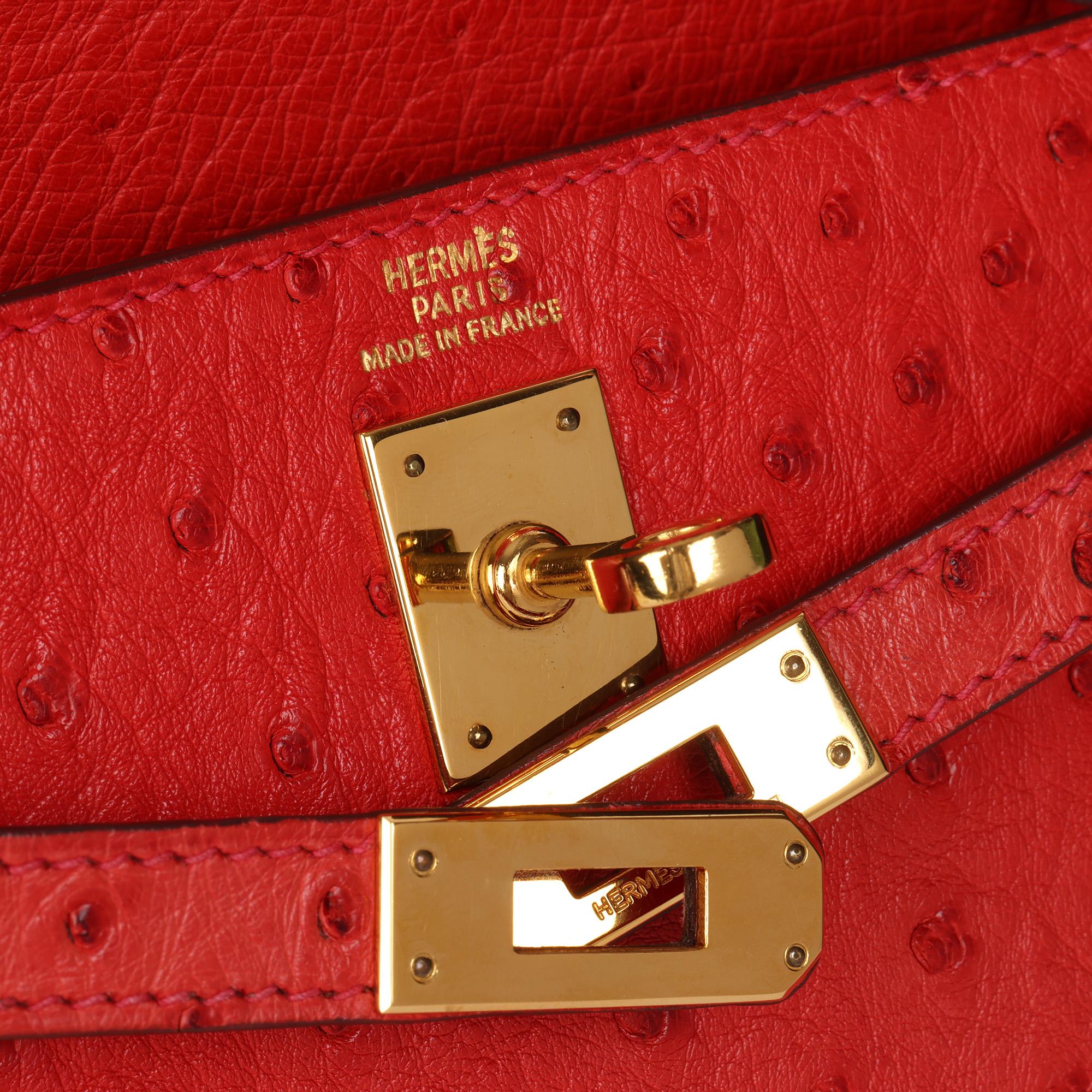 Hermès Rouge Vif Kelly en cuir d'autruche 20cm Sellier en vente 5