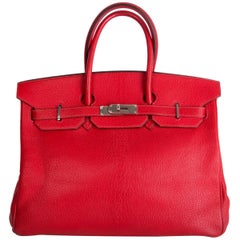 HERMES Rouge Vif red Chevre Coromandel BIRKIN 35 Tote Bag