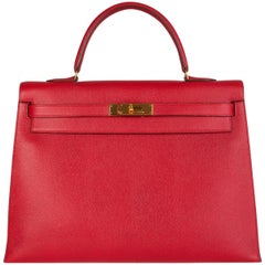 Vintage HERMES Rouge Vif red leather KELLY 35 SELLIER Bag