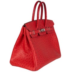 HERMES Rouge Vif red OSTRICH leather & Palladium BIRKIN 35 Bag