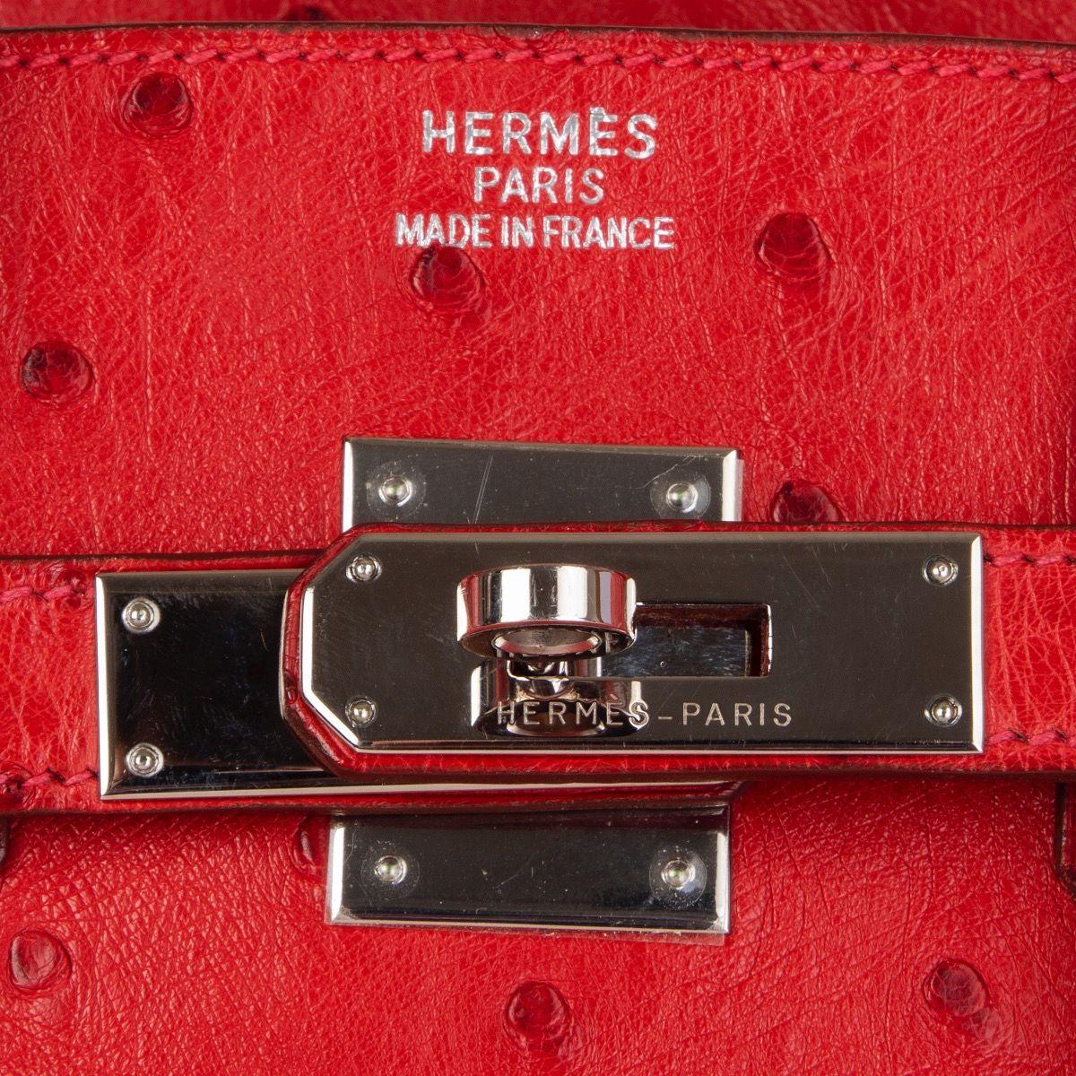 HERMES Rouge Vif red OSTRICH leather & Palladium BIRKIN 35 Bag 1