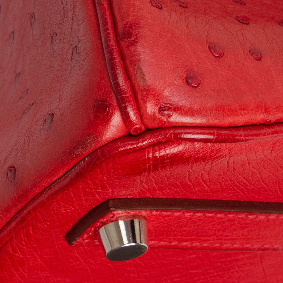 HERMES Rouge Vif red OSTRICH leather & Palladium BIRKIN 35 Bag 2