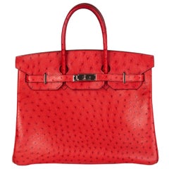 HERMES Rouge Vif red OSTRICH leather & Palladium BIRKIN 35 Bag