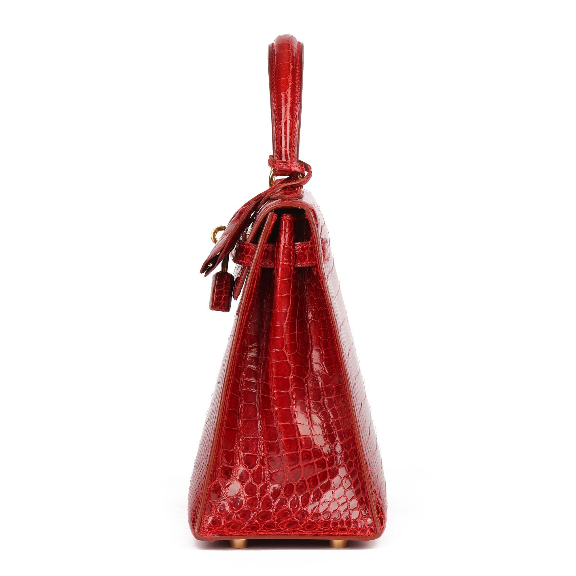 Red Hermès Rouge Vif Shiny Porosus Crocodile Leather Vintage Kelly 25cm Sellier