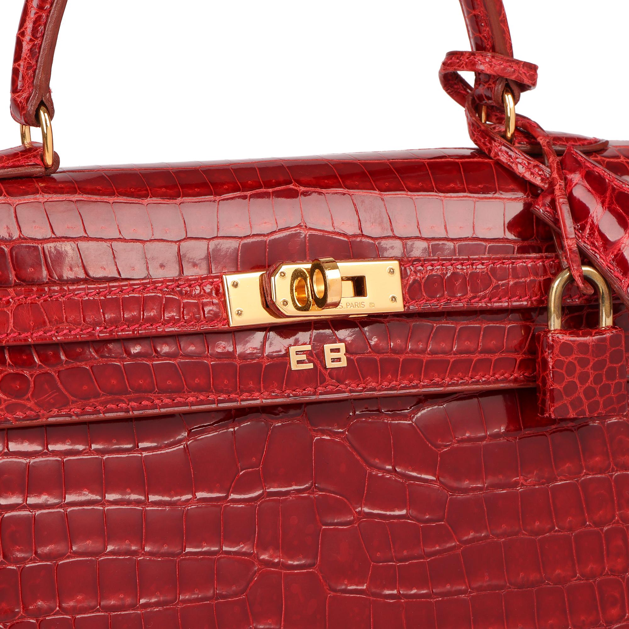 Hermès Rouge Vif Shiny Porosus Crocodile Leather Vintage Kelly 25cm Sellier 1
