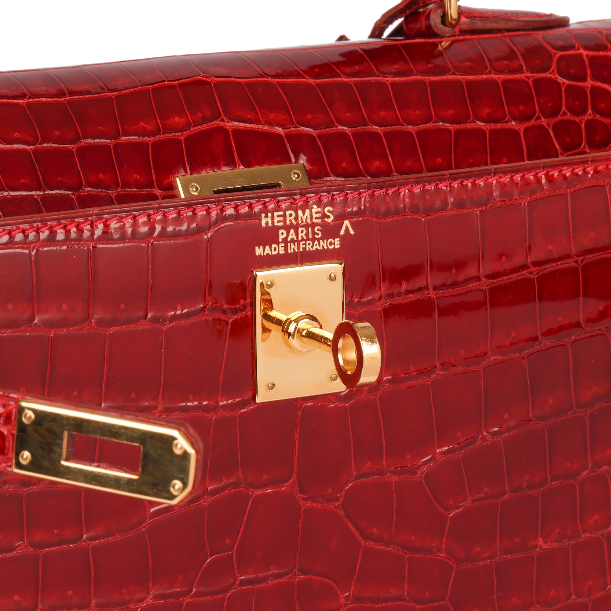 Hermès Rouge Vif Shiny Porosus Crocodile Leather Vintage Kelly 25cm Sellier 2