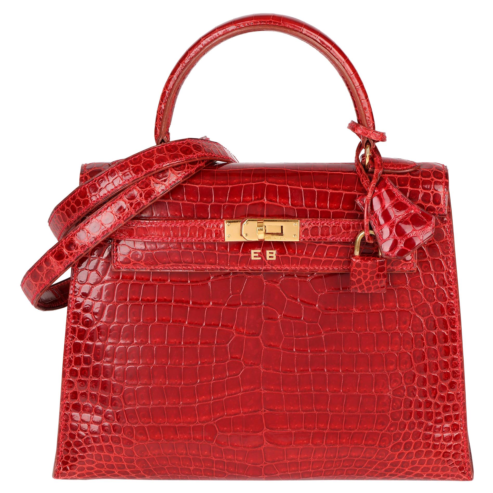 Hermès Rouge Vif Shiny Porosus Crocodile Leather Vintage Kelly 25cm Sellier