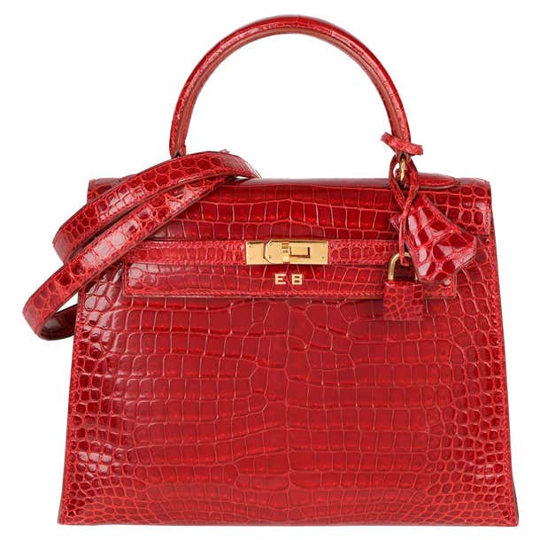 Hermès Rouge Vif Shiny Porosus Crocodile Leather Vintage Kelly 25cm ...
