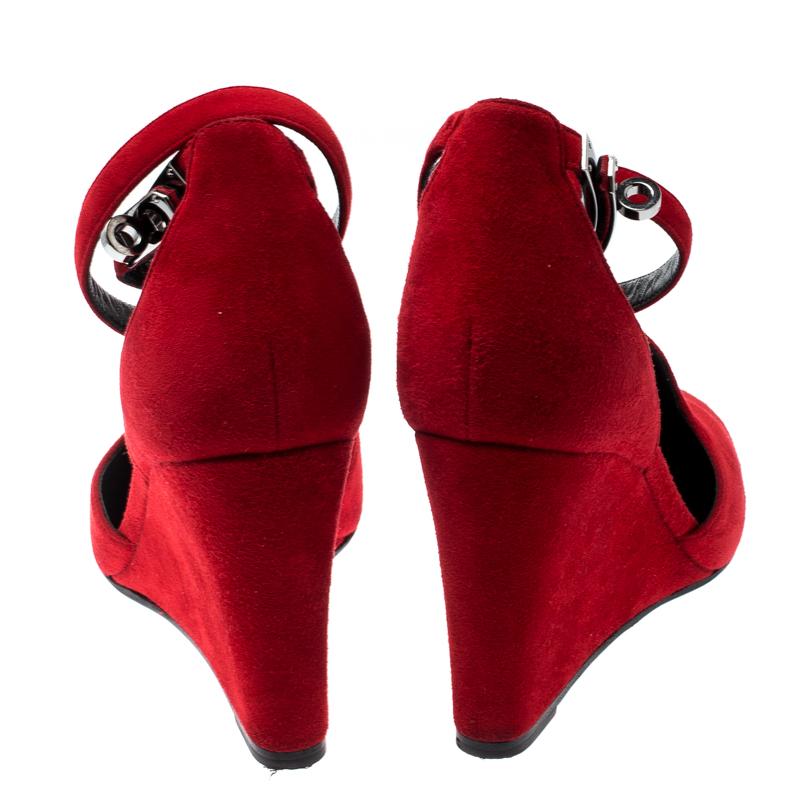 Red Hermes Rouge Vif Suede Lively Ankle Strap Wedge Pumps Size 39