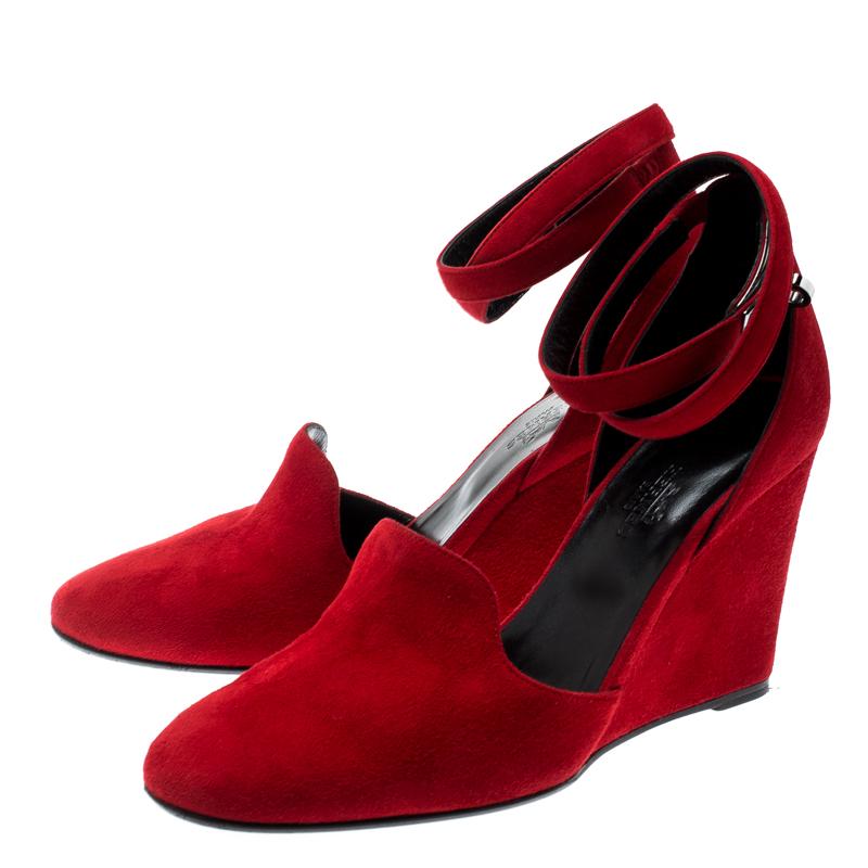 Hermes Rouge Vif Suede Lively Ankle Strap Wedge Pumps Size 39 1