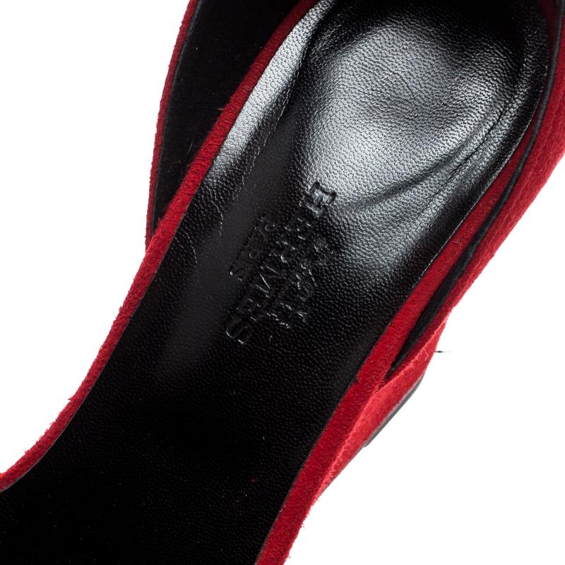 Hermes Rouge Vif Suede Lively Ankle Strap Wedge Pumps Size 39 2