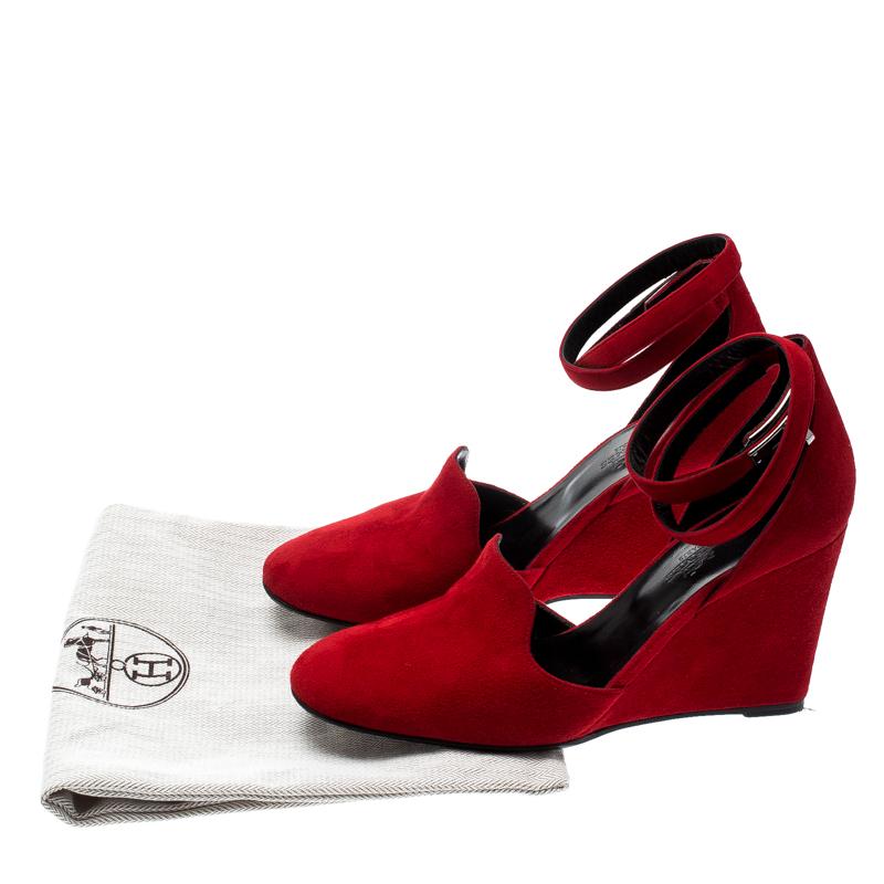 Hermes Rouge Vif Suede Lively Ankle Strap Wedge Pumps Size 39 3