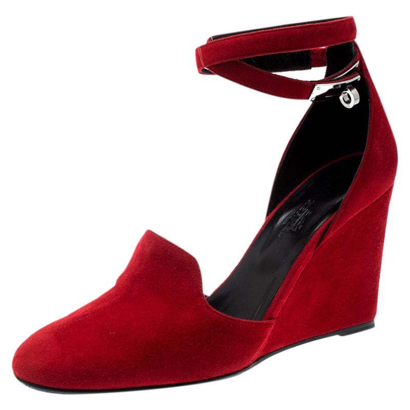 Hermes Rouge Vif Suede Lively Ankle Strap Wedge Pumps Size 39