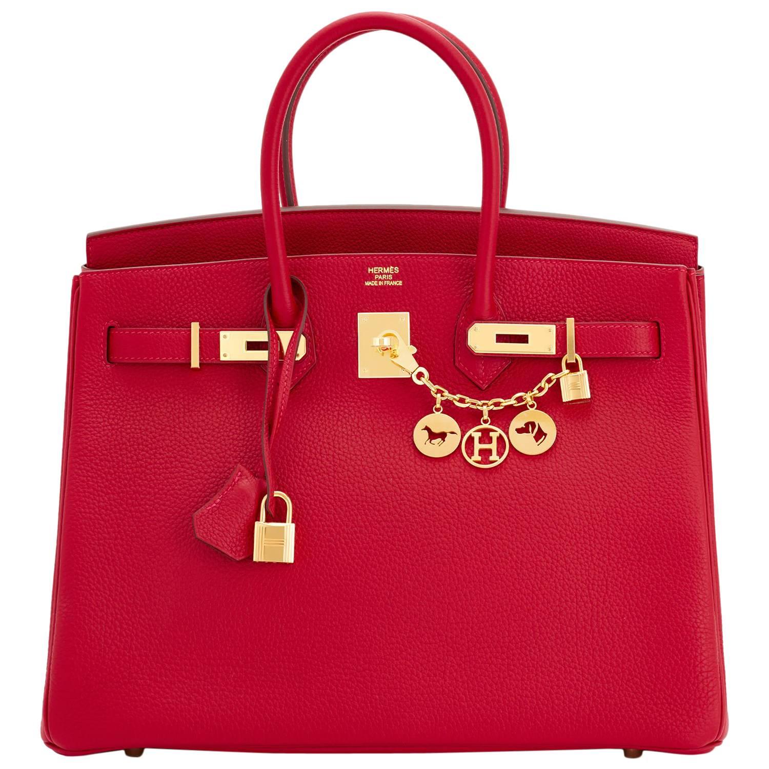 Hermes Rouge Vif Togo Gold Hardware Birkin 35 Bag