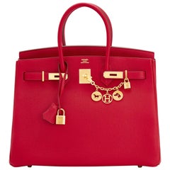 Hermes Rouge Vif Togo Gold Hardware Birkin 35 Bag