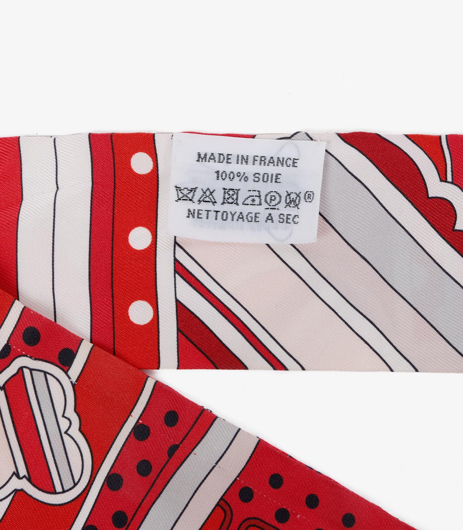 Hermès Rouge, White & Bordeaux Faubourg Rainbow Silk Twilly In Good Condition In Bishop's Stortford, Hertfordshire