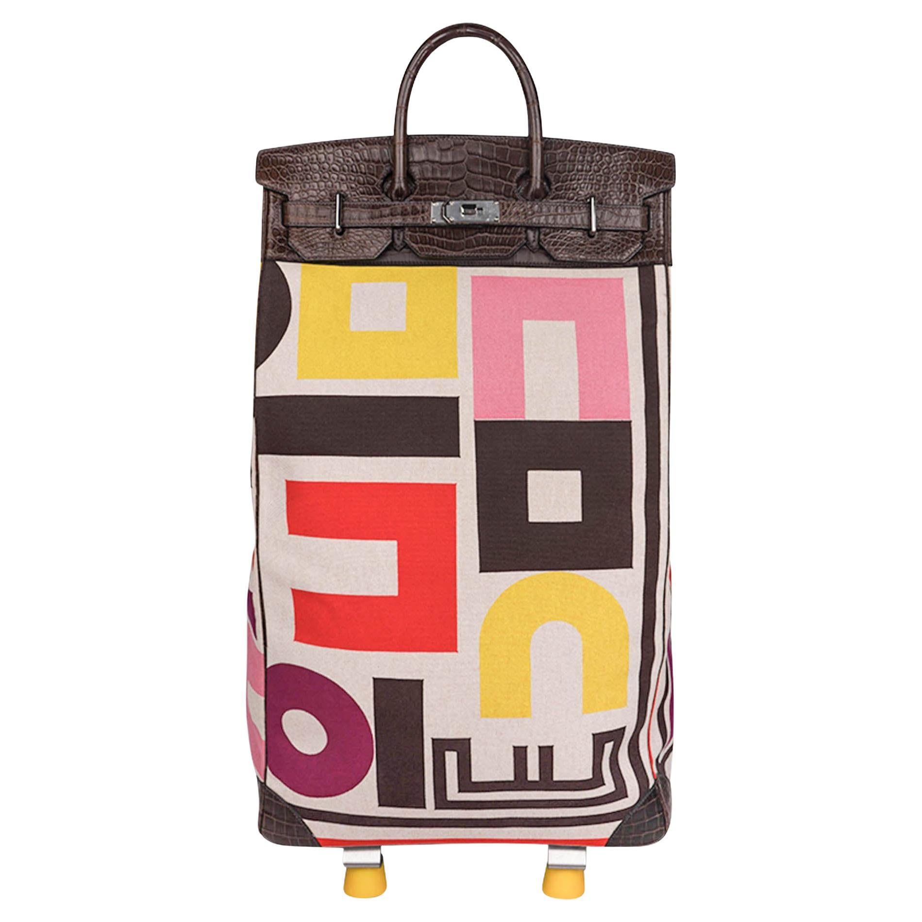 Hermes Roule Shopping Cart Roler Matte Havane Porosus Crocodile & Printed Toile For Sale