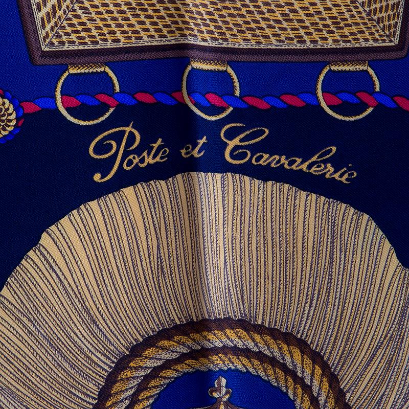 Hermes 'Poste et Cavalerie' scarf in royal blue silk twill (100%) with midnight blue border and details in gold, white, red and sea foam green. Has been worn and is in excellent condition.

Width 90cm (35.1in)
Height 90cm (35.1in)