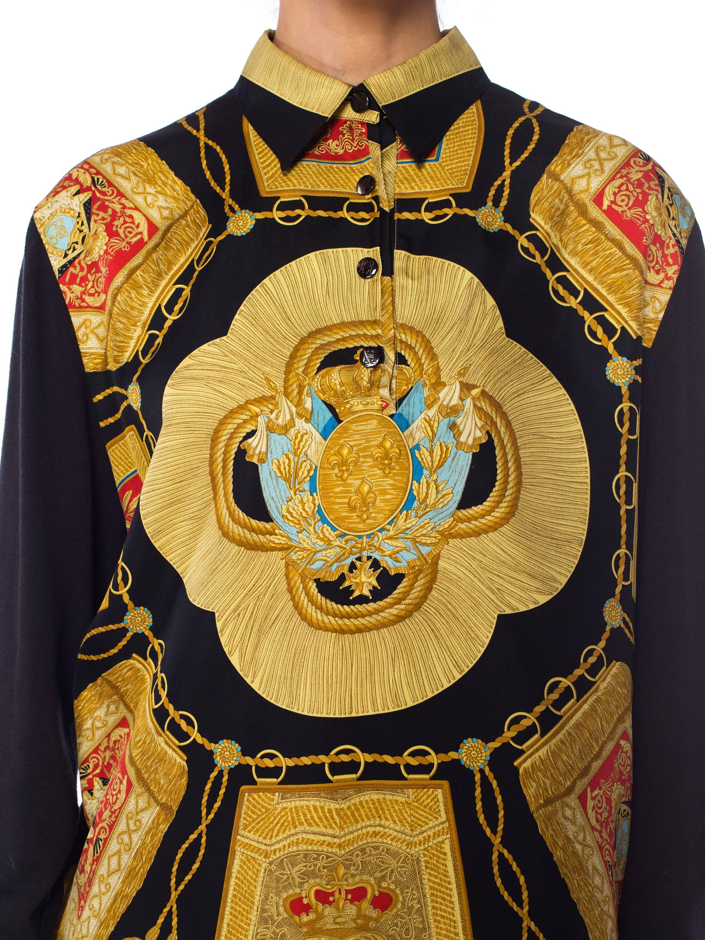 Women's or Men's Hermes Royal Crest and gold Tassel Printed Blouse