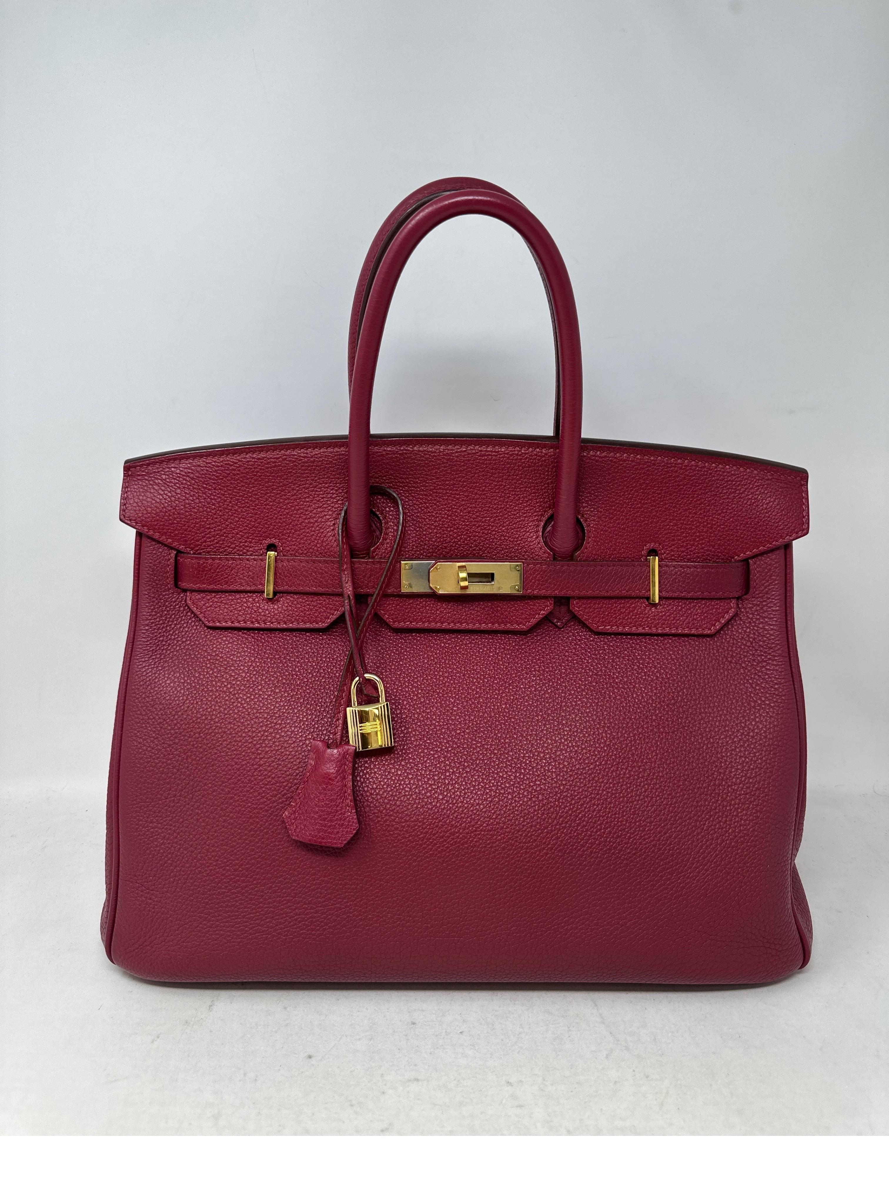 Hermes Rubis Birkin 35 Bag. Gold hardware. Beautiful burgundy and cranberry  red color Birkin. Excellent condition. Interior clean. Includes clochette, lock, keys, and dust bag. Guaranteed authentic. 