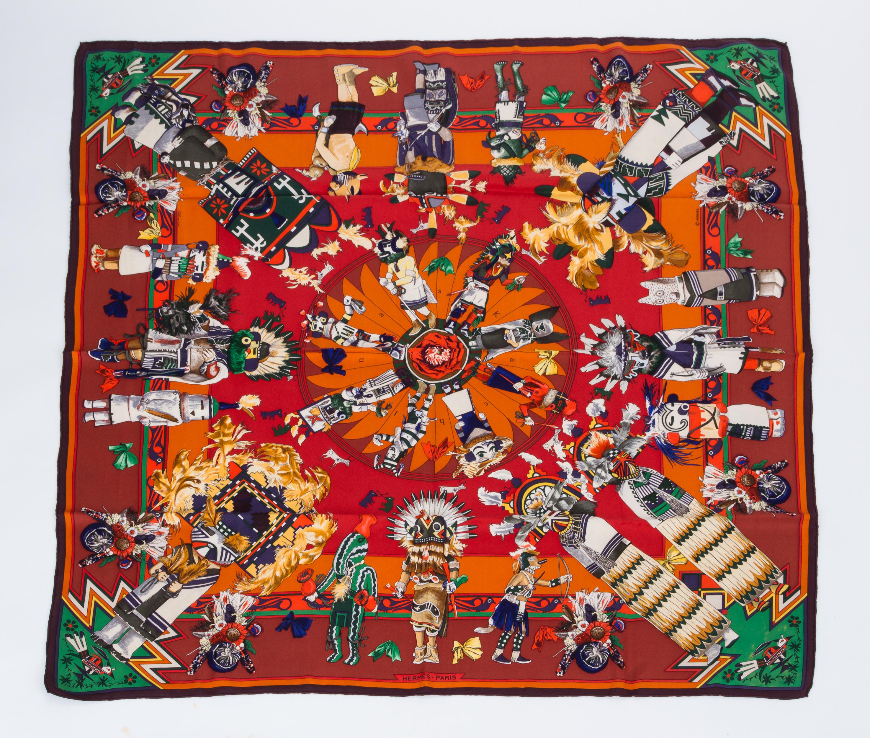 Hermès Rust Kachinas Silk Scarf Kermit Oliver In Excellent Condition For Sale In West Hollywood, CA