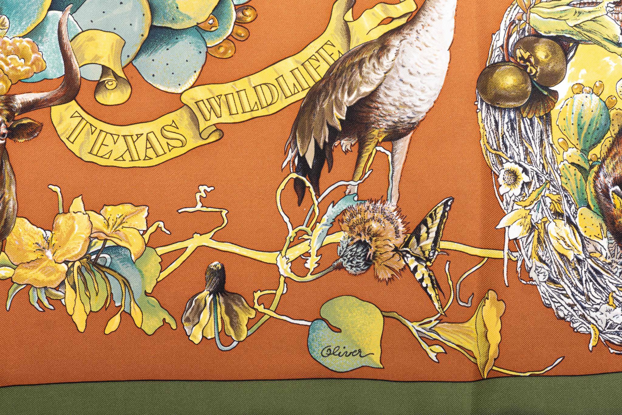 Brown Hermès Rust Texas Wildlife Silk Scarf For Sale