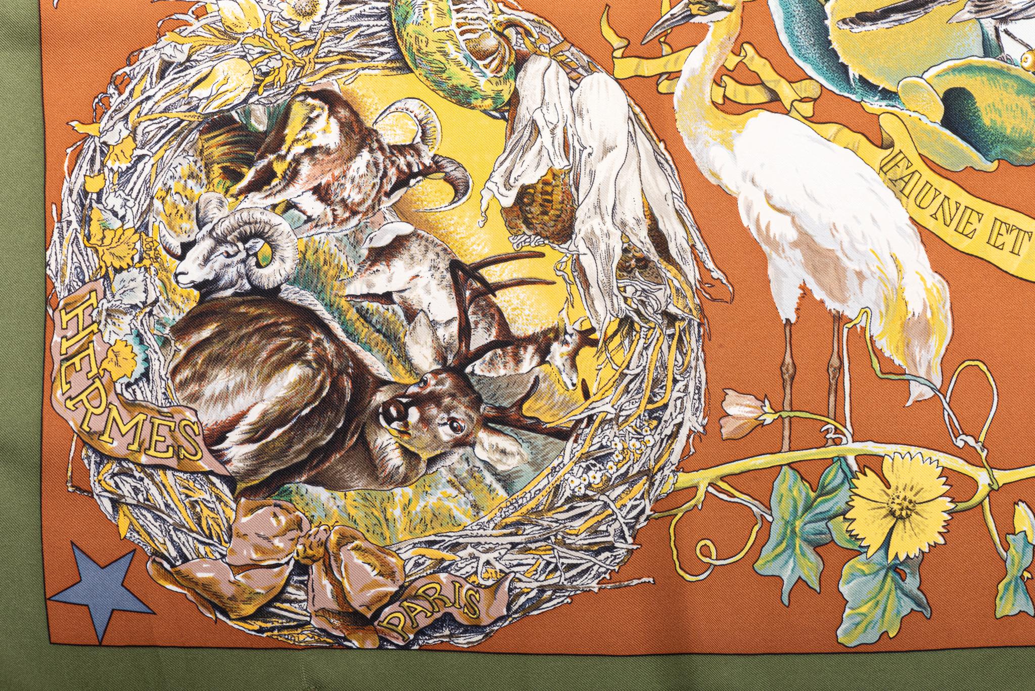 Hermès Rust Texas Wildlife Silk Scarf In Excellent Condition For Sale In West Hollywood, CA