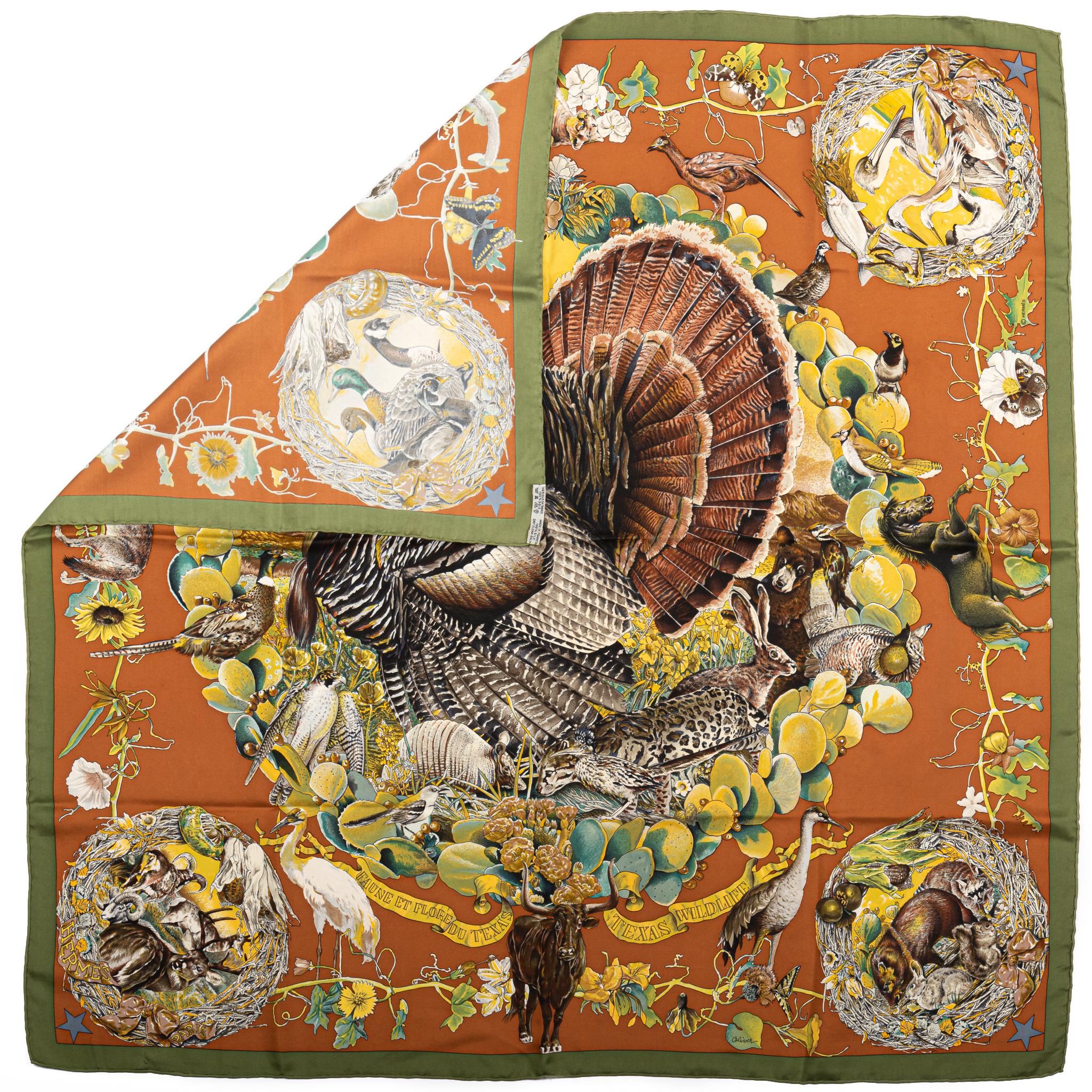 Hermès Rust Texas Wildlife Silk Scarf, Oliver For Sale 2
