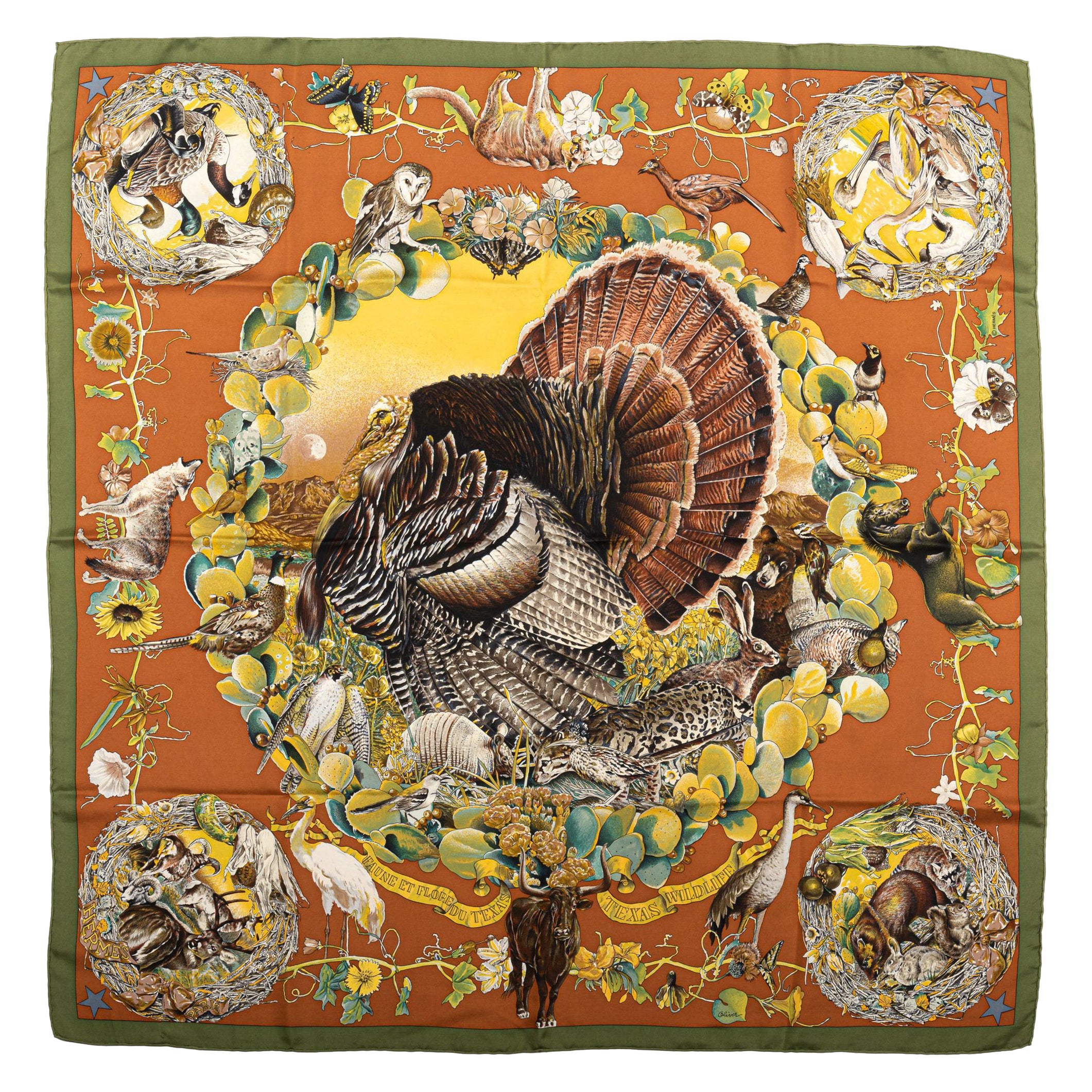 Hermès Rust Texas Wildlife Seidenschal, Oliver