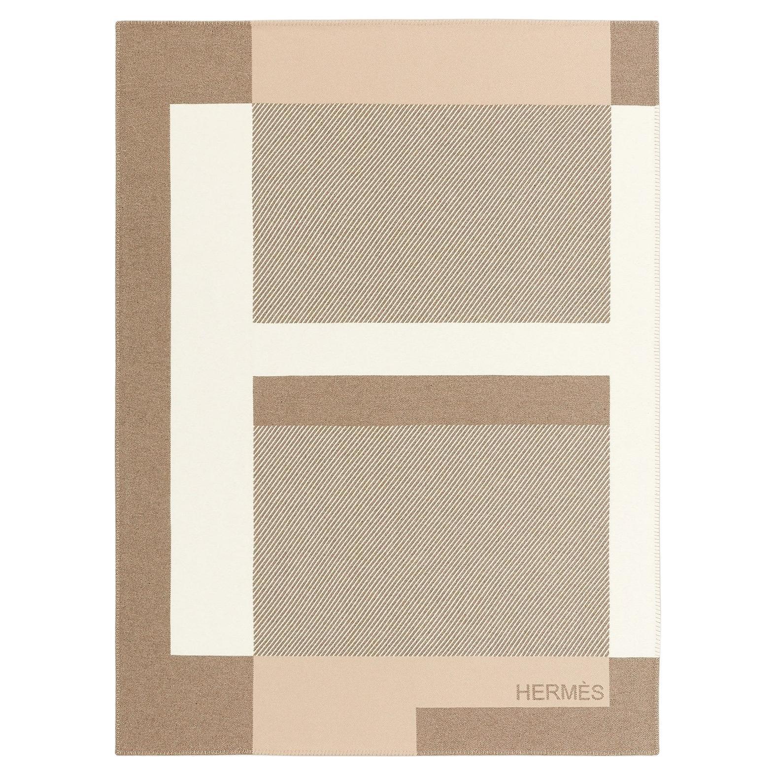 Hermes Avalon Merino Wool Cashmere Throw Blanket Ecru Gris Fonce at