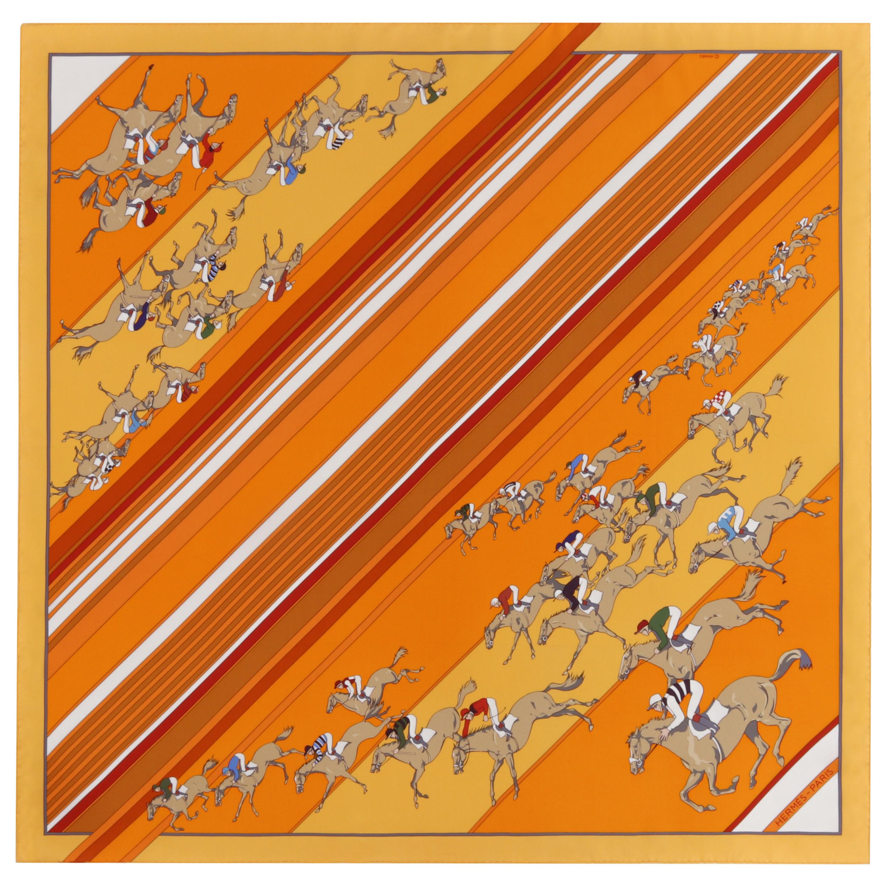 HERMES S/S 2004 "Les Courses" Equestrian Races Hand Rolled Silk Twill Scarf 