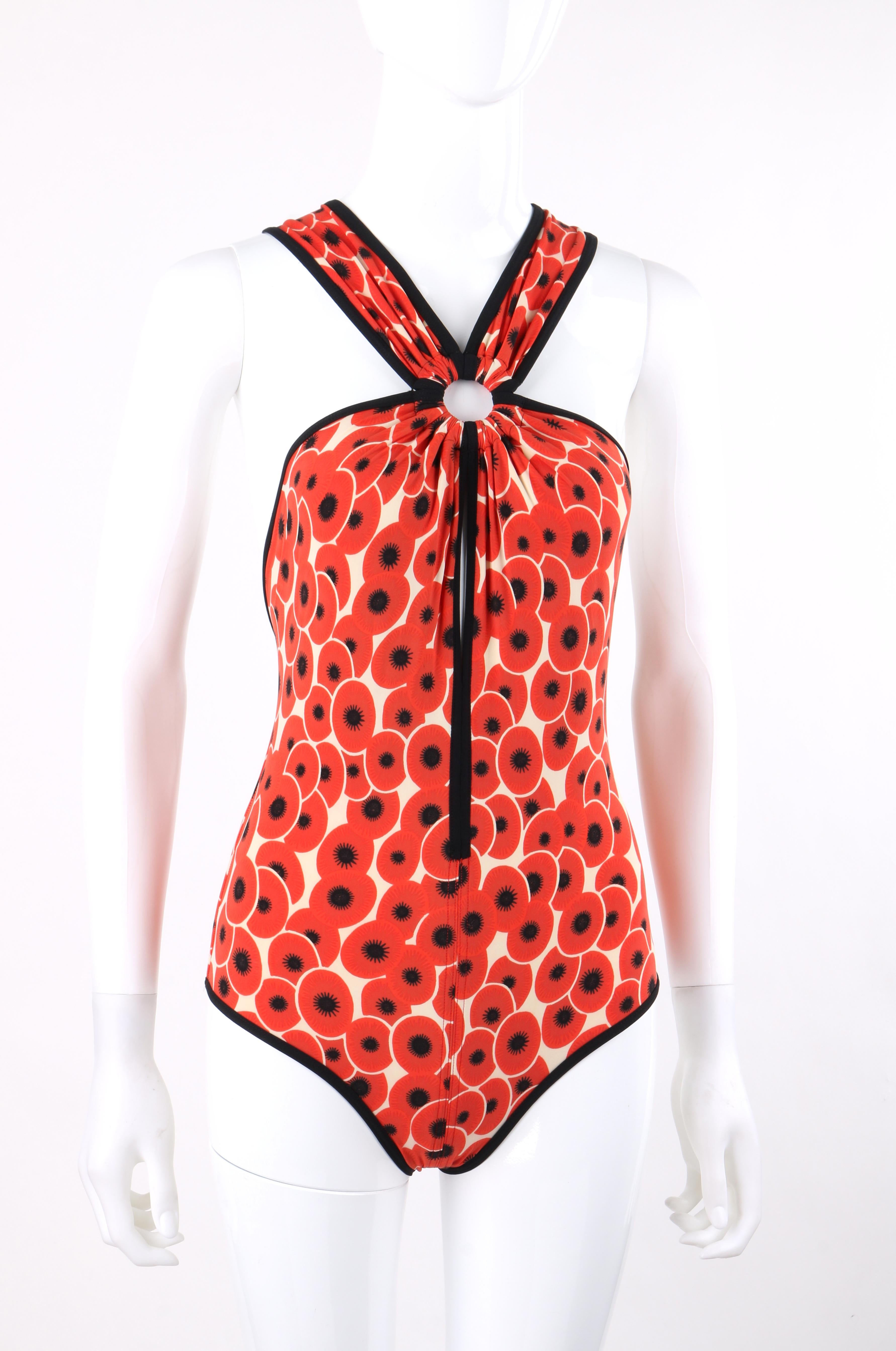 HERMES S/S 2007 Red Poppy Floral Keyhole Halter One-Piece Bathing Suit 
 
Brand / Manufacturer: Hermes
Collection: Spring / Summer 2007
Style: One-piece swimsuit
Color(s): Shades of off white, red and black
Lined: Yes 
Marked Fabric Content: 72%