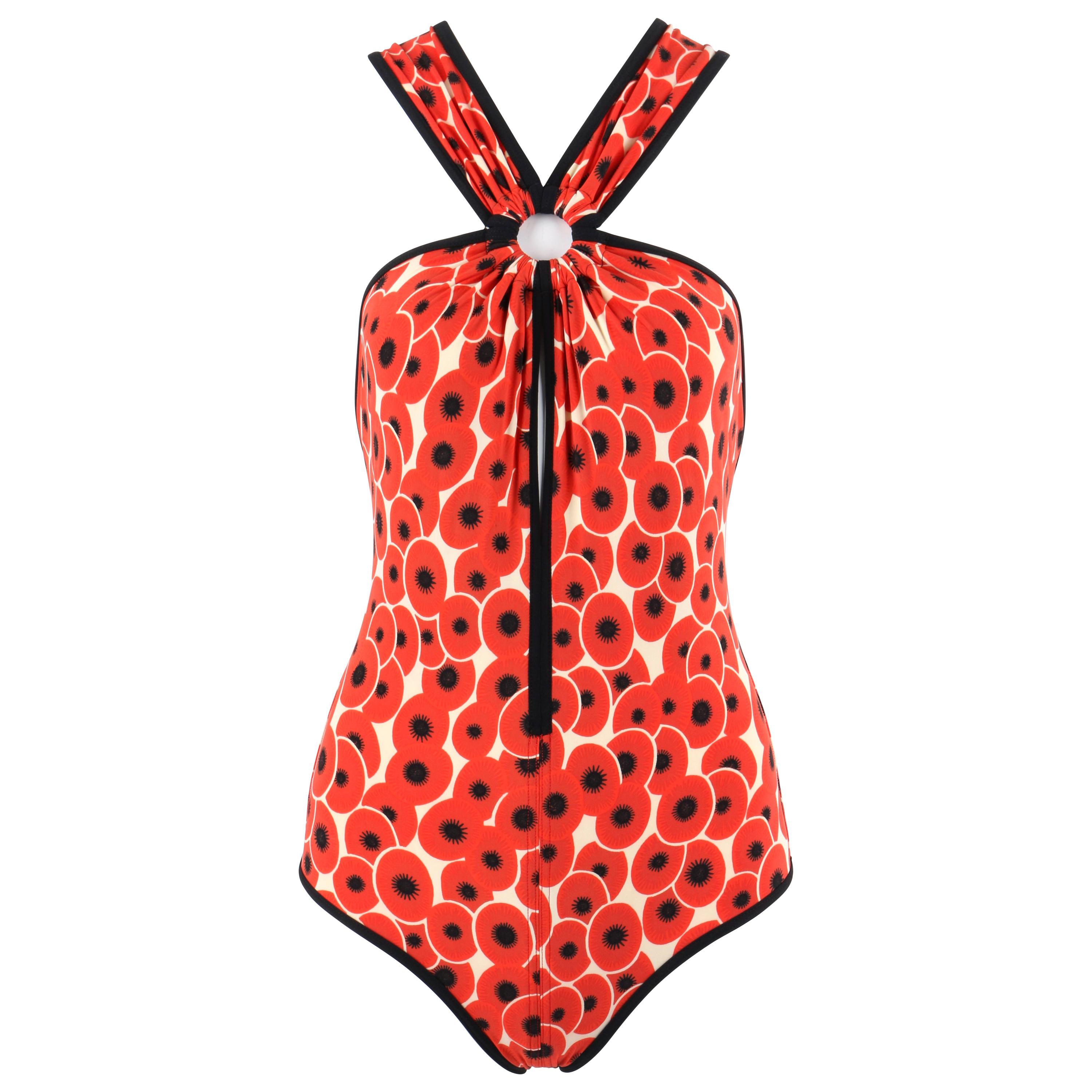 HERMES S/S 2007 Red Poppy Floral Keyhole Halter One-Piece Bathing Suit 