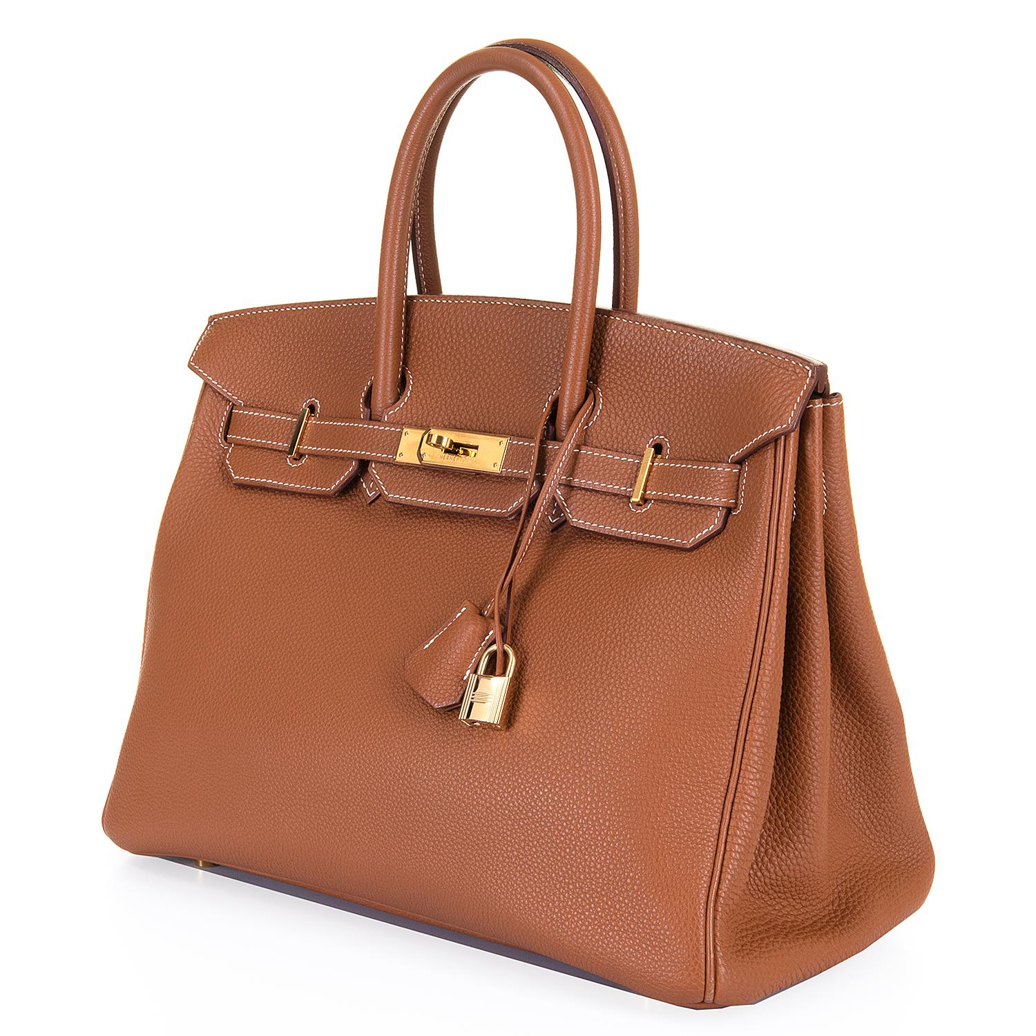Brown Hermes 'Taurillon Gold' Fjord Birkin 35 with Gold Hardware