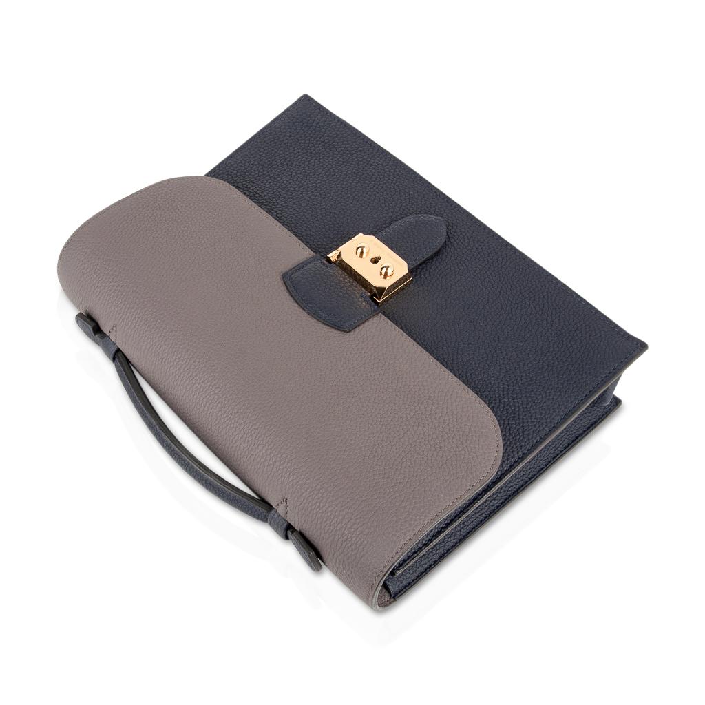 Gray Hermes Sac A Depeche 27 Bag Limited Edtion HSS Blue Nuit / Etain Togo Gold For Sale