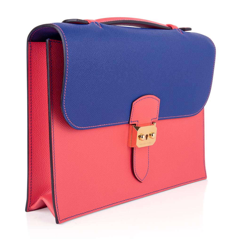 Mightychic offers a very rare Hermes Limited Edition Sac a Depeche 27 HSS Horizons bag / briefcase. 
 Vibrant Electric Blue and Rose Jaipur in Epsom leather.
 Top stitch contrast detail.
 Accentuated with Gold hardware.   
 The bag comes with keys,