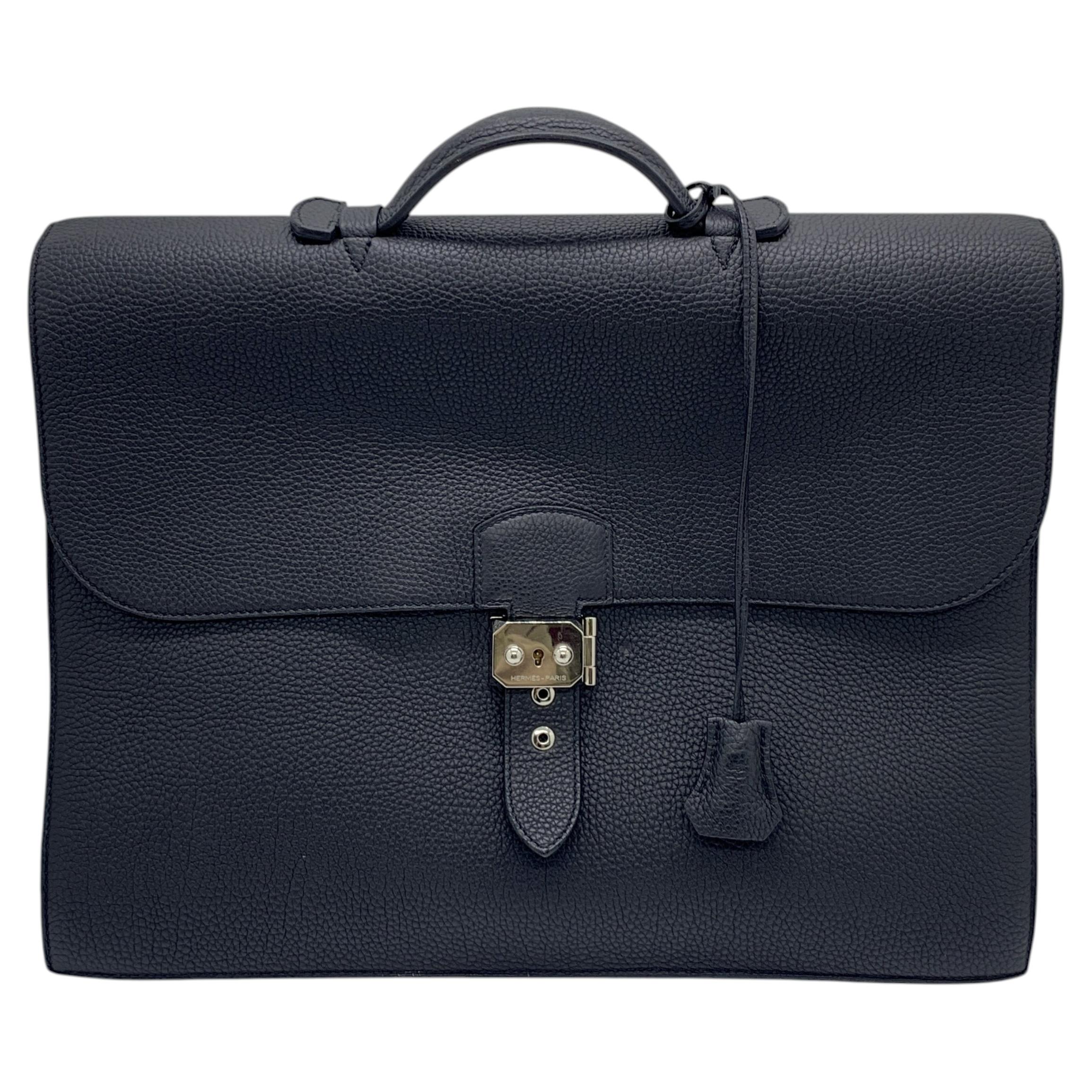 HERMES Sac à Dépêches 38, mallette en cuir Togo noir, finition palladium, collection HW 2014 en vente