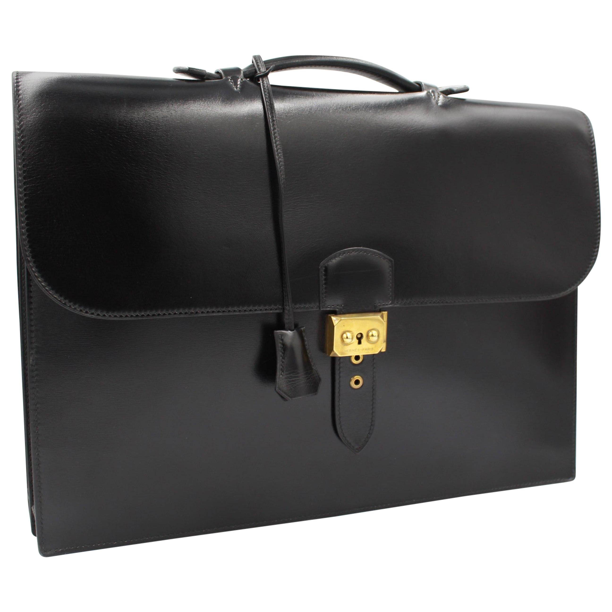 Hermes Sac a Depeches Briefcase Bag in black box Leather