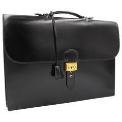 Retro Hermes Sac a Depeches Briefcase Bag in black box Leather