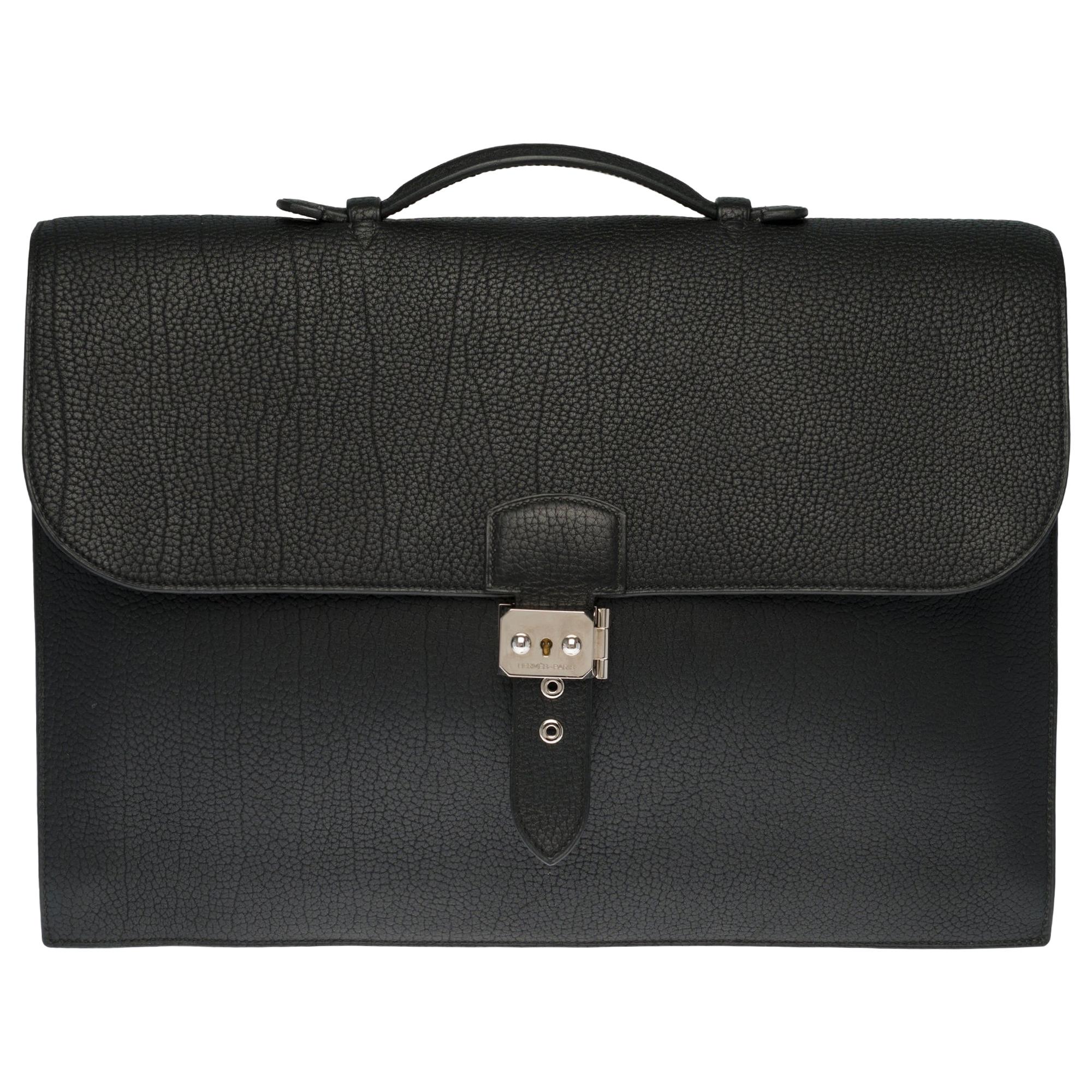 Hermès Sac à dépêches briefcase in black Fjord leather with silver hardware