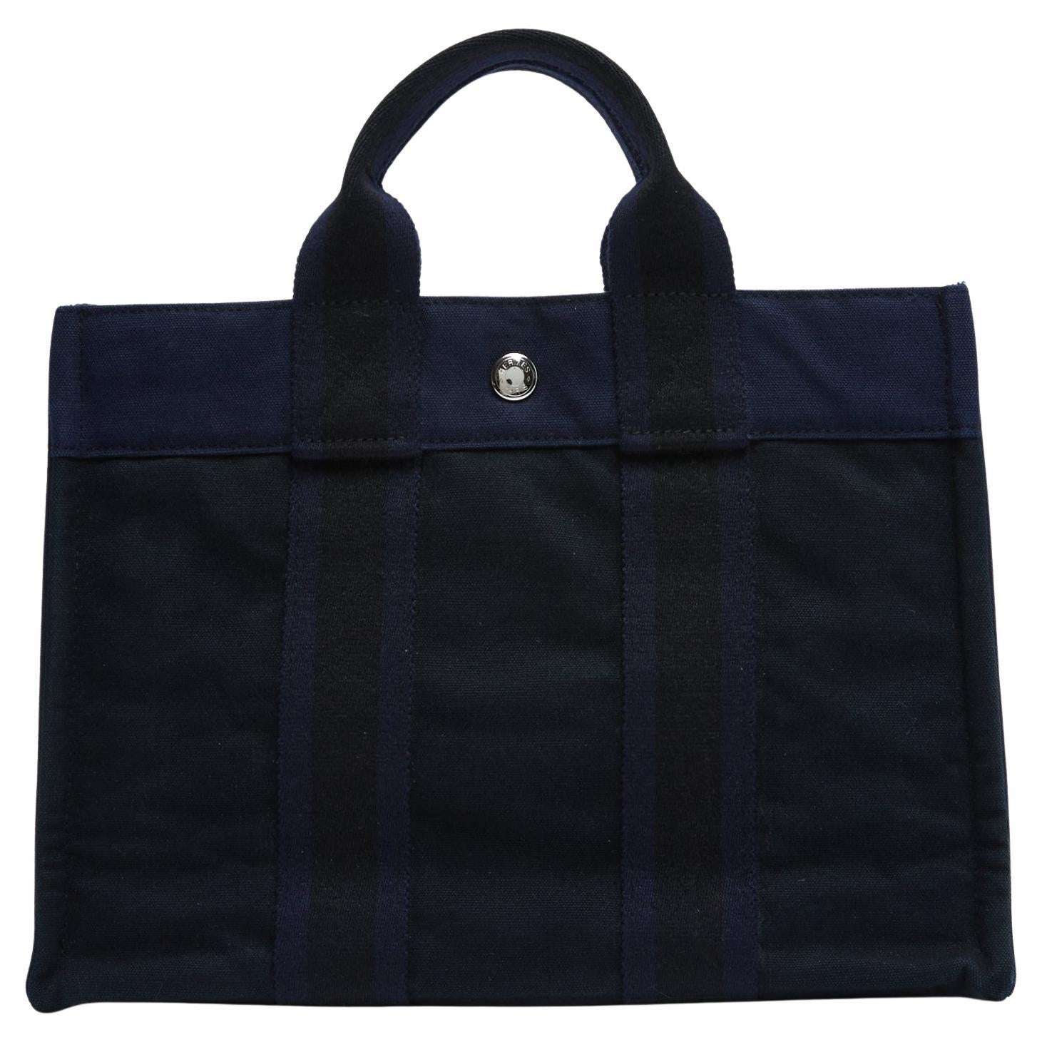 Hermès Sac Cabas Herline Toto PM Black Navy Cotton Canvas Hand Bag Tote Hermes