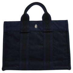Hermès Sac Cabas Herline Toto PM Black Navy Cotton Canvas Hand Bag Tote Hermes