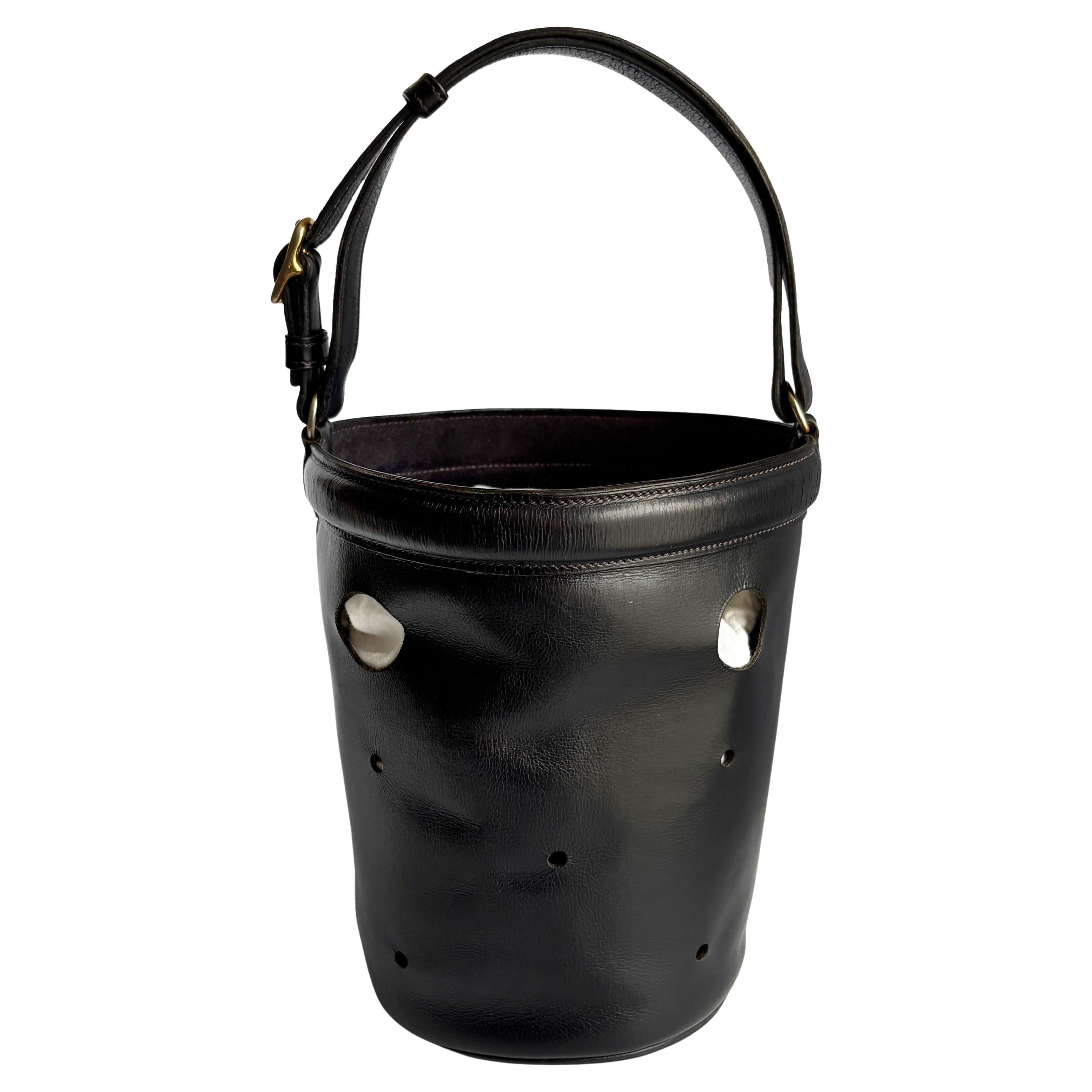 Hermes Sac de Mangeoire Bag Tote Black Box Calf Leather Feed Bucket Bag Vintage For Sale