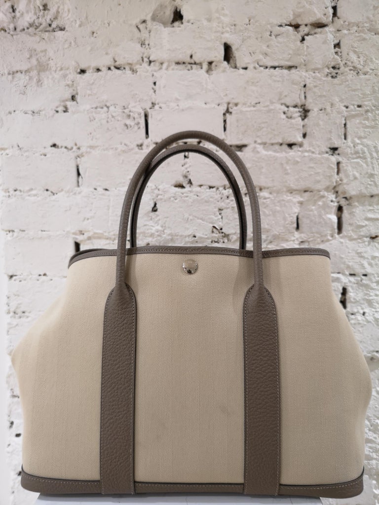 HERMES Garden Party 36 Tote in burgundy canvas and brown leather at 1stDibs
