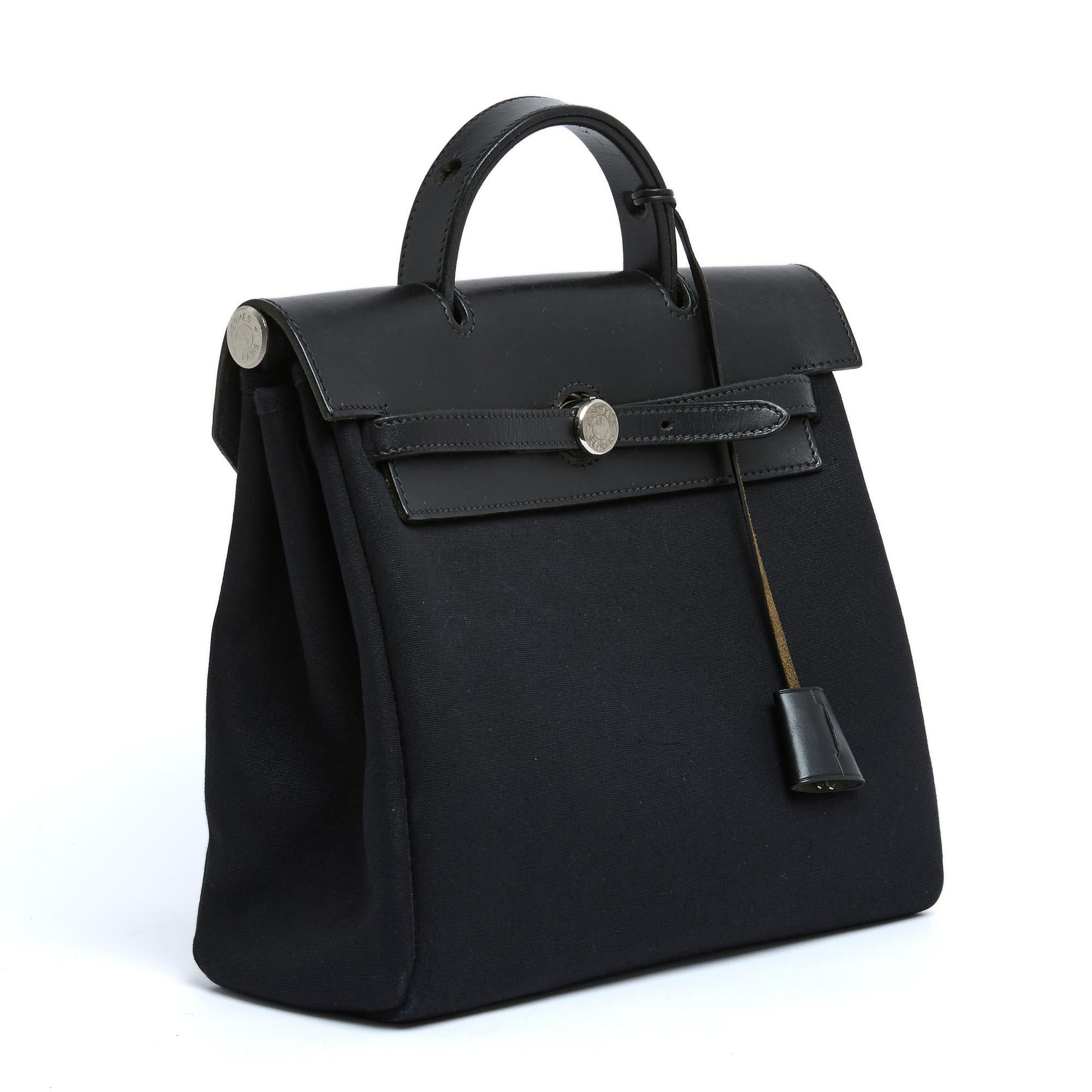 Hermès Sac Herbag Black Canvas Leather Back Pack x2  Pristine Hermes In Excellent Condition For Sale In PARIS, FR