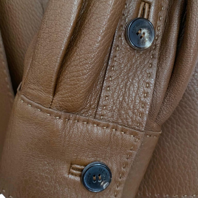 Hermès Saddle Leather Safari Biker Jacket with Logo Buttons and Silk Lining In Excellent Condition For Sale In Boston, MA