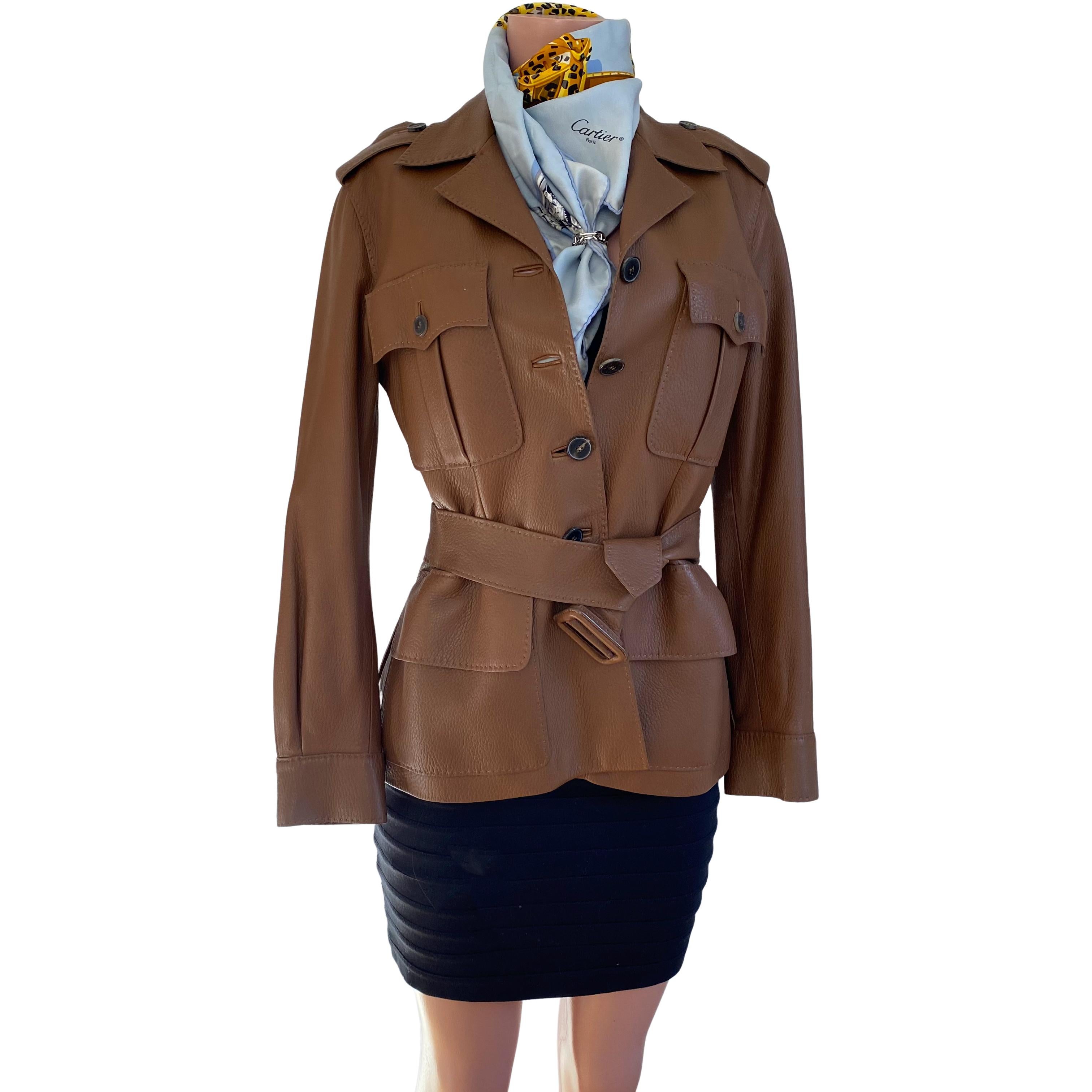 Women's Hermès Saddle Leather Safari Biker Jacket with Logo Buttons and Silk Lining For Sale