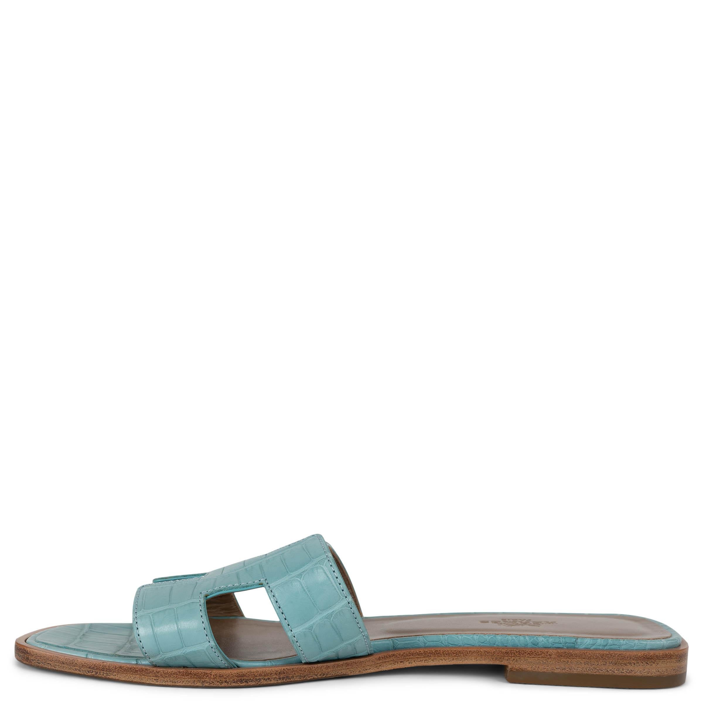 Gray HERMES Saint Cry blue MATTE CROC ORAN Slide Sandals Shoes 38 For Sale